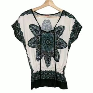 Y2K Smocked Waist Black White Graphic Fairy Whimsy Small